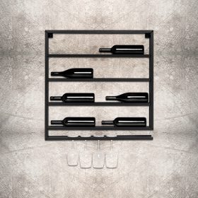 Wijnrek Metaal - Muurmodel met Glazenrek - Zwart - Geschikt voor 8 Flessen - Afmetingen 75x75x10cm