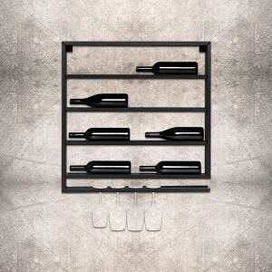 Wijnrek Metaal - Muurmodel met Glazenrek - Zwart - Geschikt voor 8 Flessen - Afmetingen 75x75x10cm